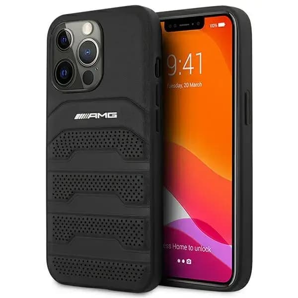 AMG AMHCP14LGSEBK Leather Debossed Lines phone case for iPhone 14 Pro, black