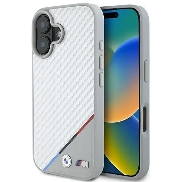 Чехол BMW BMHMP16S23PUDTS M Carbon Tricolor Line с MagSafe для iPhone 16, серый