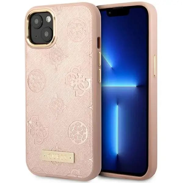 Guess GUHMP14SSAPSTP Peony Logo Plate MagSafe telefoniümbris iPhone 14, roosa