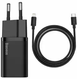 Baseus Super Si USB-C seinalaadija 20 W + USB-C – Lightning kaabel, must