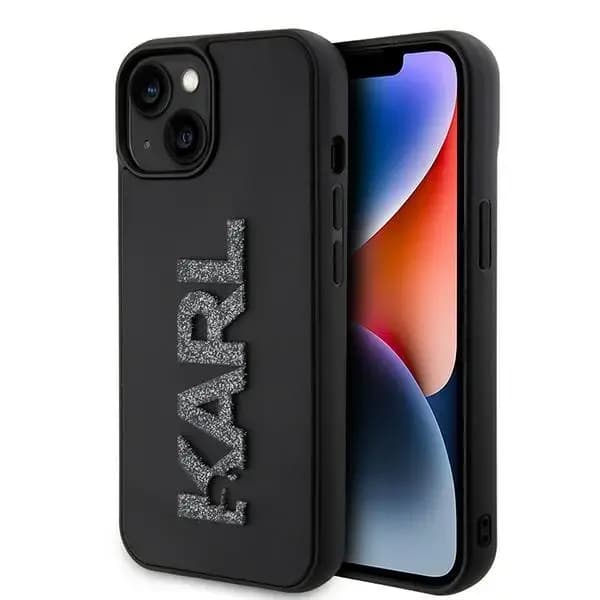 Karl Lagerfeld KLHCP15S3DMBKCK 3D Rubber Glitter Logo telefoniümbris iPhone 15, must