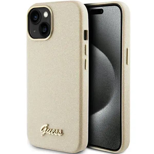 Чехол Guess GUHCP15SPGMCSD Glitter Glossy Script для iPhone 15, золотистый