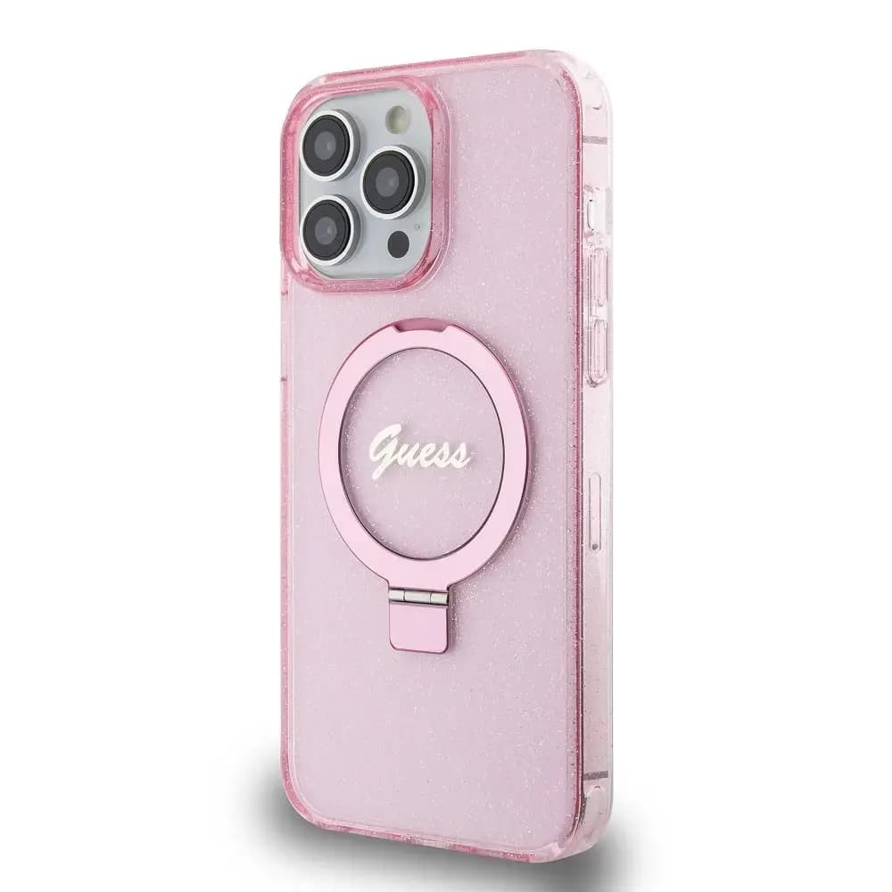 Guess IML Ring Stand Glitter MagSafe telefoniümbris iPhone 15 Pro Max, roosa