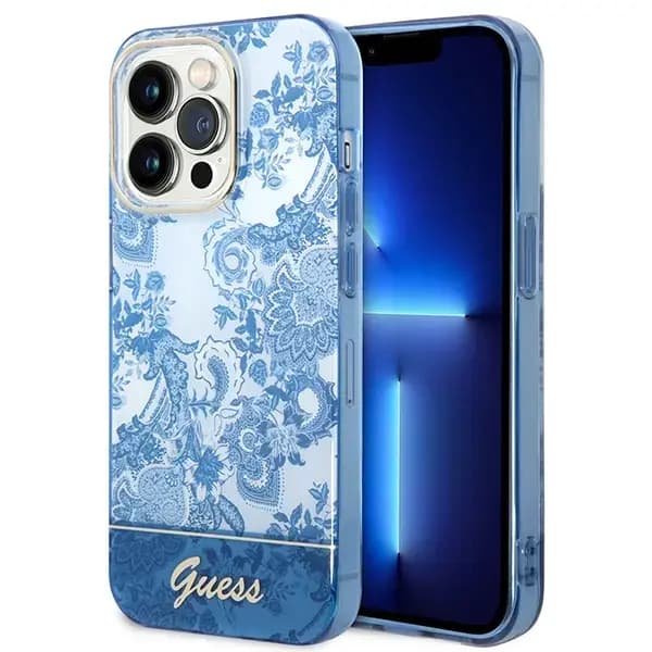 Guess GUHCP14XHGPLHB Porcelain Collection phone case for iPhone 14 Pro Max, blue