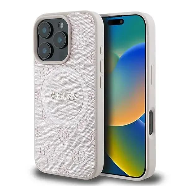 Guess Saffiano Peony Classic Logo MagSafe telefoniümbris iPhone 16 Pro, roosa