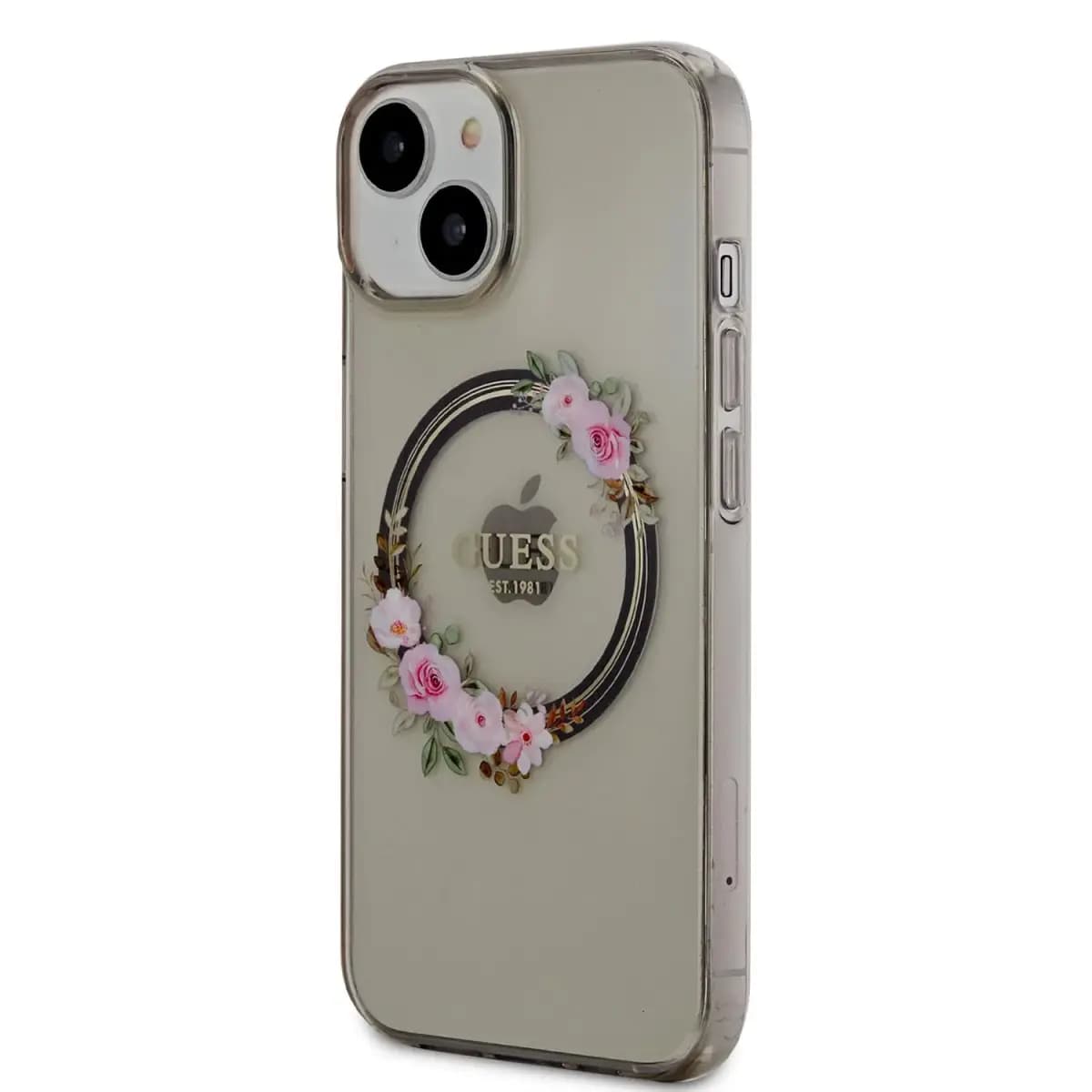 Guess Flowers Ring Glossy Logo MagSafe telefoniümbris iPhone 14, must