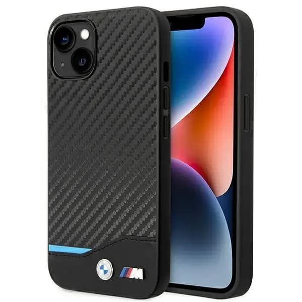 Чехол BMW BMHCP14M22NBCK Leather Carbon для iPhone 14 Plus / 15 Plus, чёрный