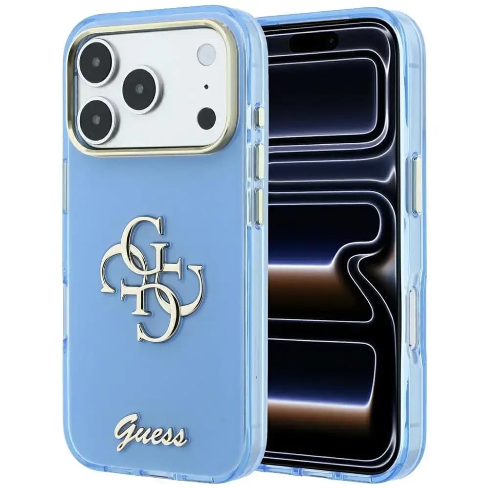 Guess IML 4G Script Metal phone case for iPhone 18 Pro Max / 17 Pro Max, light blue