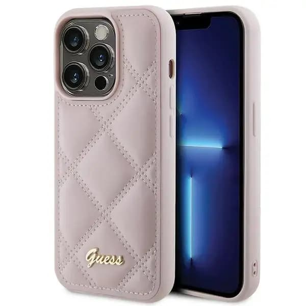 Чехол Guess GUHCP15XPSQSQSP Quilted Metal Logo для iPhone 15 Pro Max, розовый