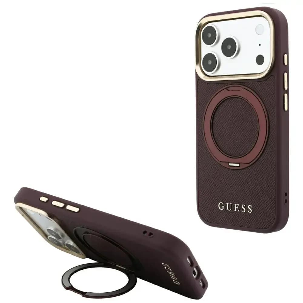 Guess Ring Stand MagSafe telefoniümbris iPhone 18 Pro / 17 Pro Burgundy