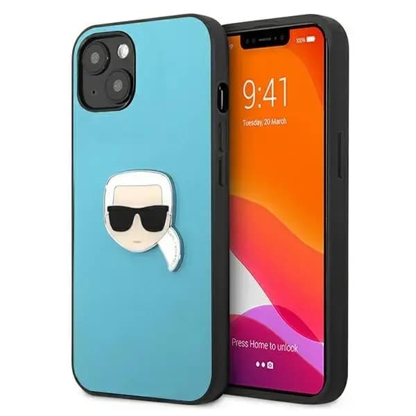 Karl Lagerfeld Leather Ikonik Karl's Head Metal telefoniümbris iPhone 13 Mini, sinine