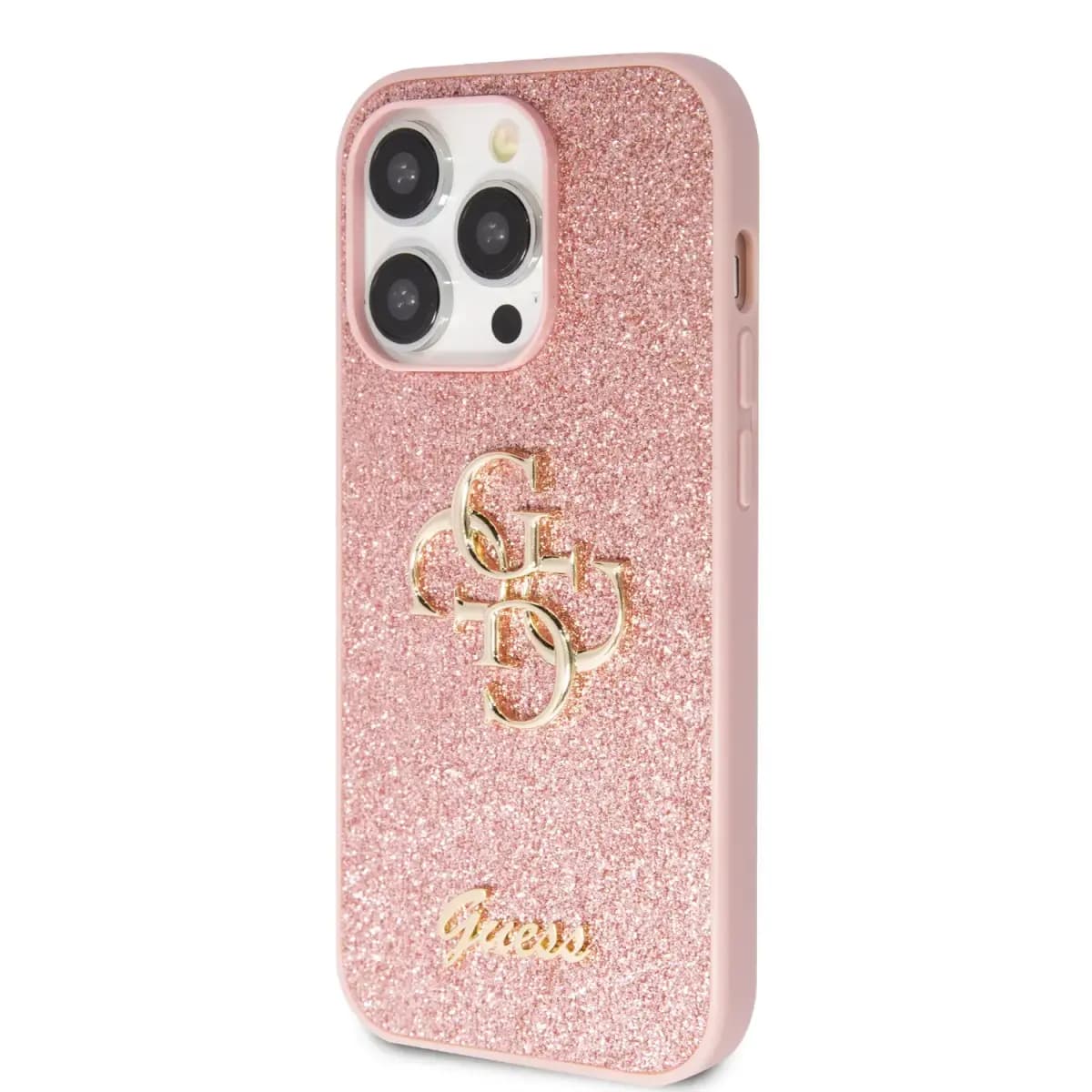 Guess PU Fixed Glitter 4G Metal Logo telefoniümbris iPhone 15 Pro, roosa