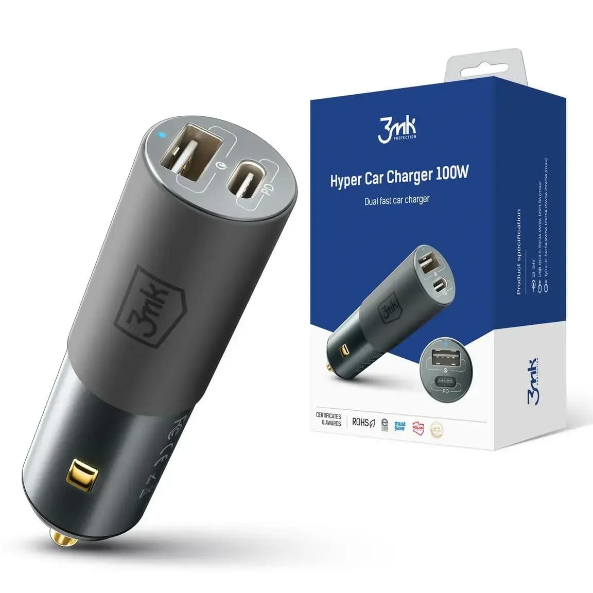 3mk Hyper USB-A/USB-C autolaadija 100 W, must