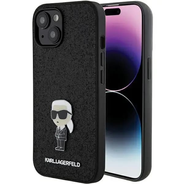 Karl Lagerfeld Fixed Glitter Ikonik Logo Metal Pin telefoniümbris iPhone 15, must