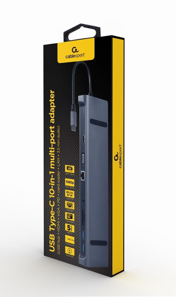 Gembird USB-C Docking Station 10-in-1 Multiport Adapter Grey