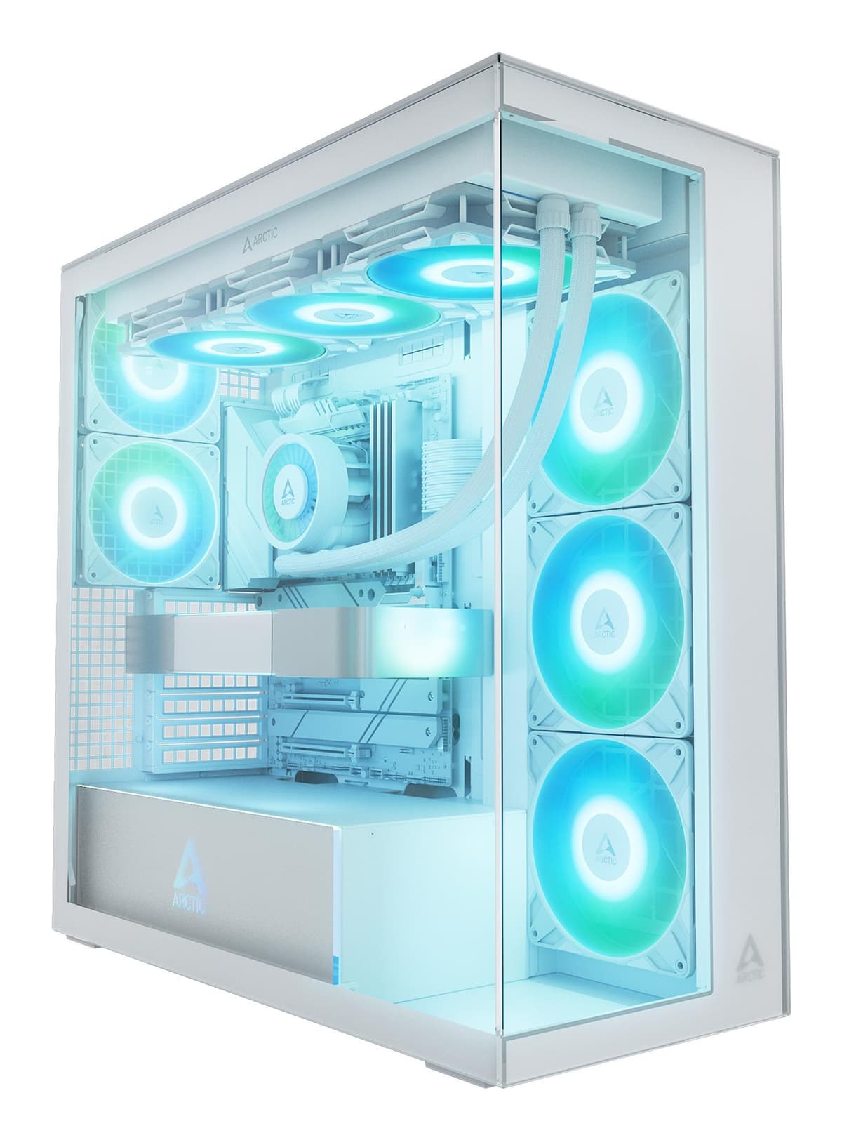 Arctic Xtender valge Midi Tower arvutikorpus klaaspaneeliga