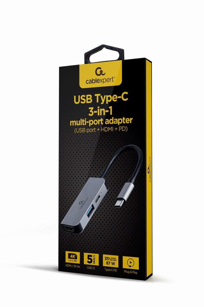 Gembird USB-C адаптер 3 в 1 HDMI/USB3 серебристый