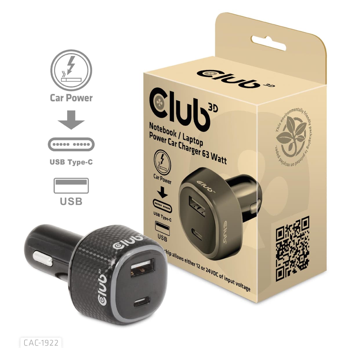 Club3D CAC-1922 autolaadija USB + USB-C 63W