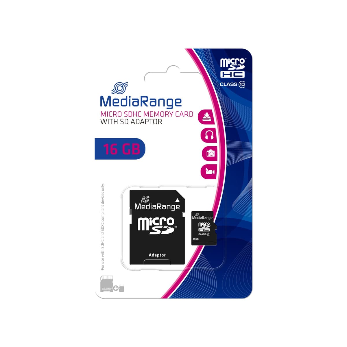 Карта памяти MicroSDHC 16GB MediaRange MR958 с адаптером