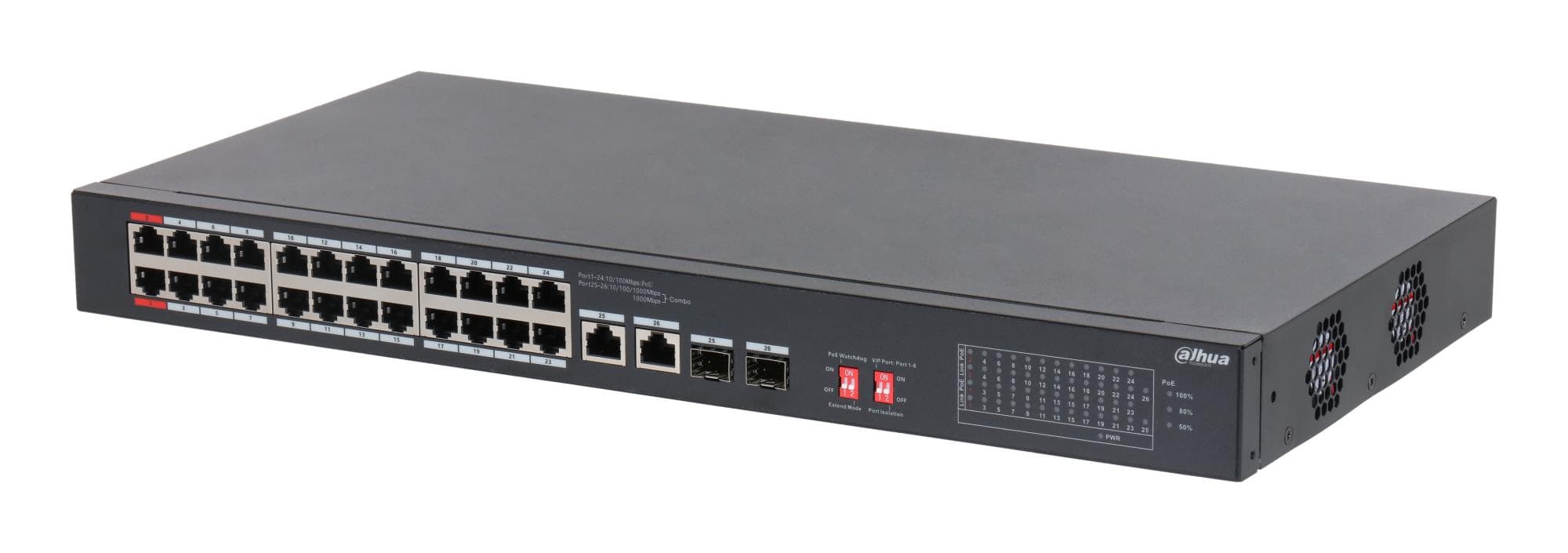 Коммутатор DAHUA S3226-24ET-375 неуправляемый, 24 порта PoE, 375 Вт