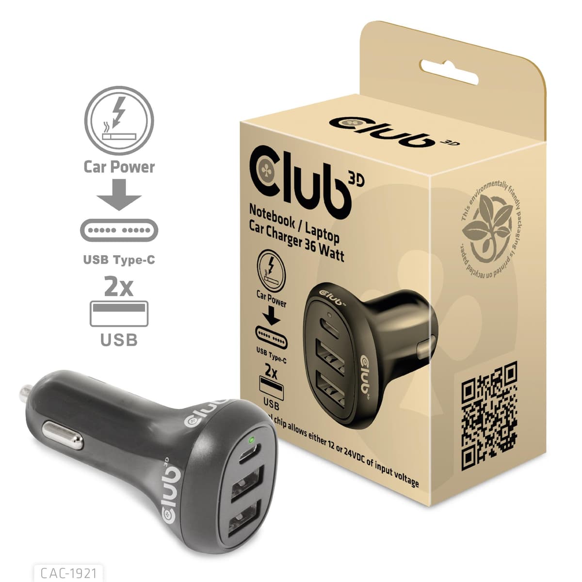 Автомобильное зарядное устройство Club3D CAC-1921 36W