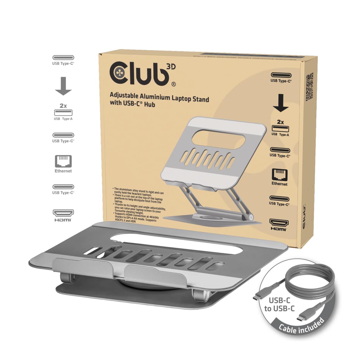 Club3D USB-C Aluminium Notebook Stand Grey