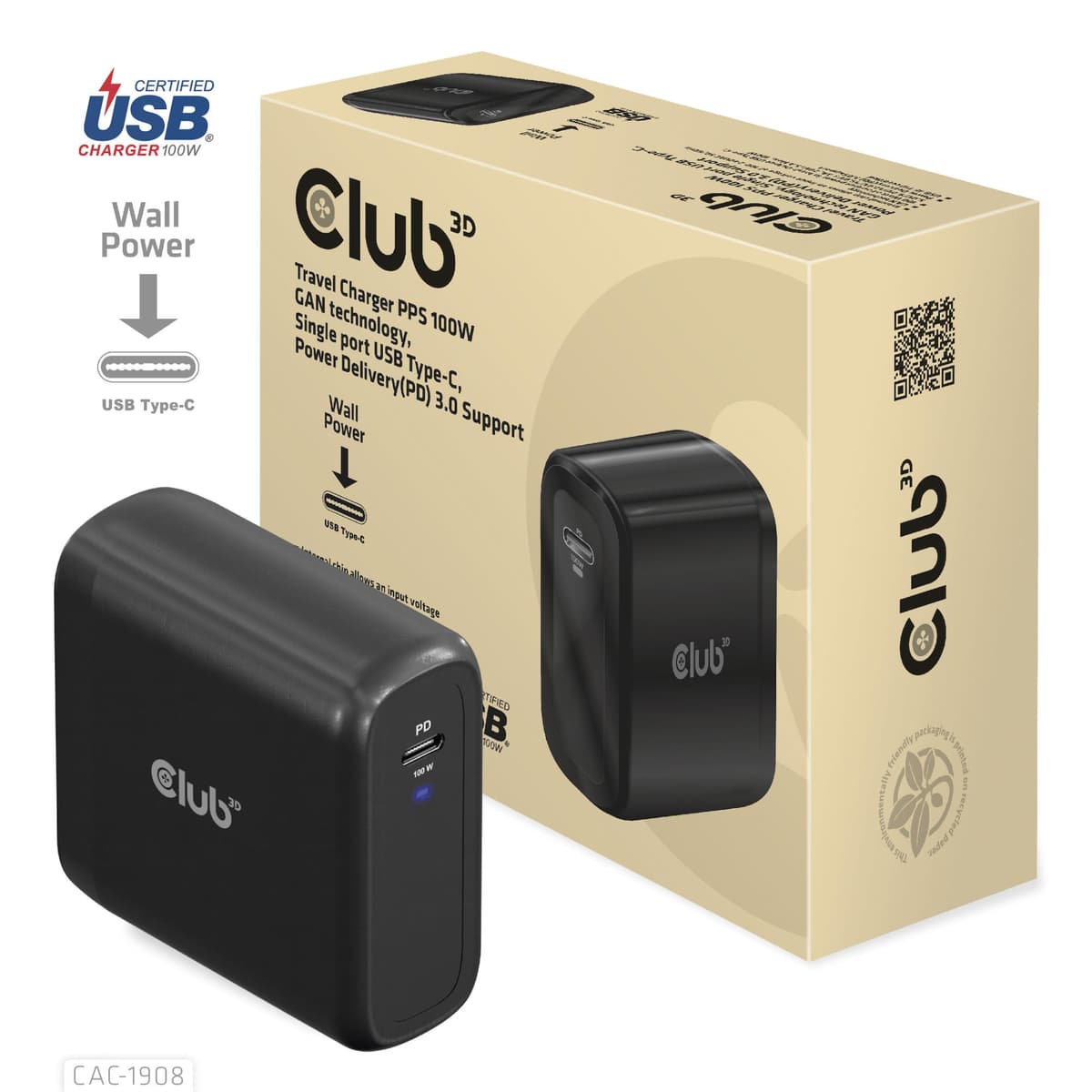 Club3D 100W GaN USB-C reislaadija CAC-1908EU