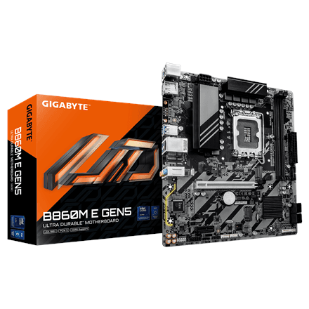 Gigabyte B860M E GEN5 | Processor family Intel | Processor socket LGA1851 | DDR5 | Number of SATA connectors 4 | Supported hard disk drive interfaces SATA, M.2