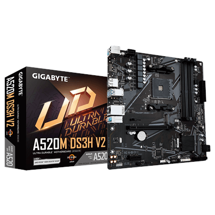 Gigabyte | A520M DS3H V2 | Processor family AMD | Processor socket AM4 | DDR4 DIMM | Memory slots 2 | Supported hard disk drive interfaces 	SATA, M.2 | Number of SATA connectors 4 | Chipset AMD A520 | Micro ATX