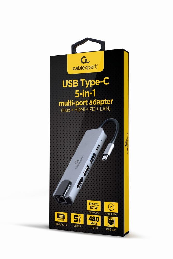 Gembird USB-C Hub 5in1 – Docking Station Hõbedane