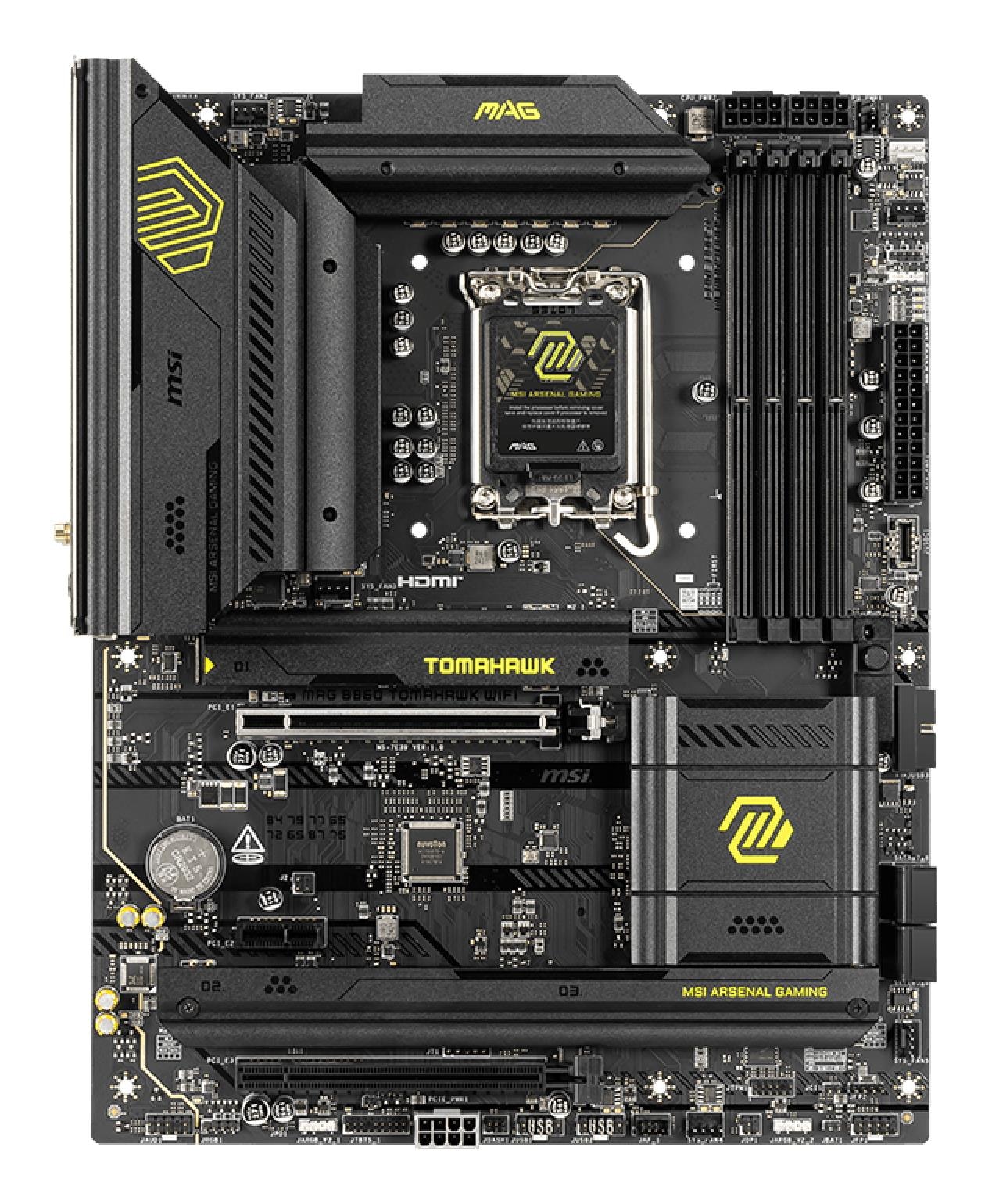 Mainboard|MSI|Intel B860 Express|LGA1851|ATX|Memory DDR5|Memory slots 4|1xPCI-Express 4.0 1x|1xPCI-Express 4.0 4x	|1xPCI-Express 5.0 16x|3xM.2|1xHDMI|1xDisplayPort|8xUSB 2.0|6xUSB 3.2|3xUSB-C|1xOptical S/PDIF|1xRJ45|3xAudio port|1xThunderbolt|MAGB860TOMAHAWKWIFI