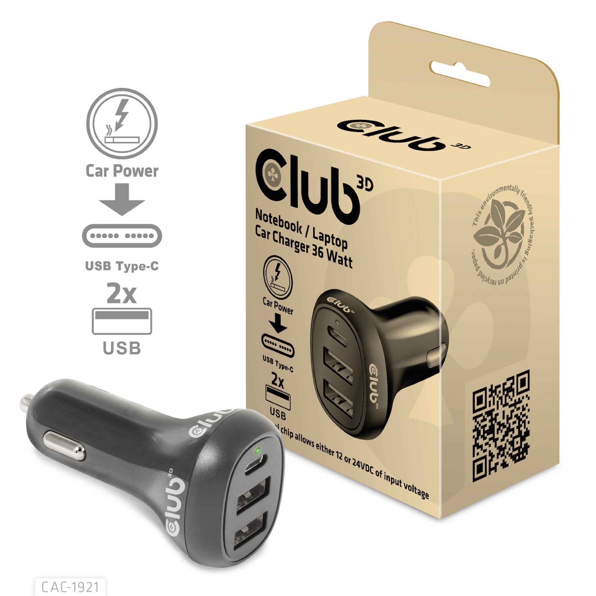 Автомобильное зарядное устройство Club3D CAC-1921 36W
