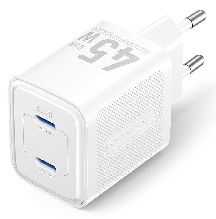 Зарядное устройство Vention 45 Вт GaN с двумя портами USB-C, белое