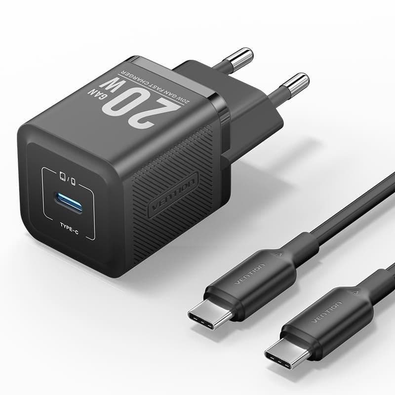 Сетевая зарядка Vention 20 Вт с кабелем USB-C 1 м, чёрная