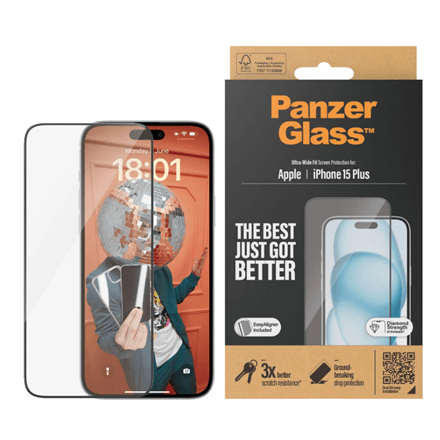 PanzerGlass Ultra-Wide Fit kaitseklaas iPhone 15 Plusile