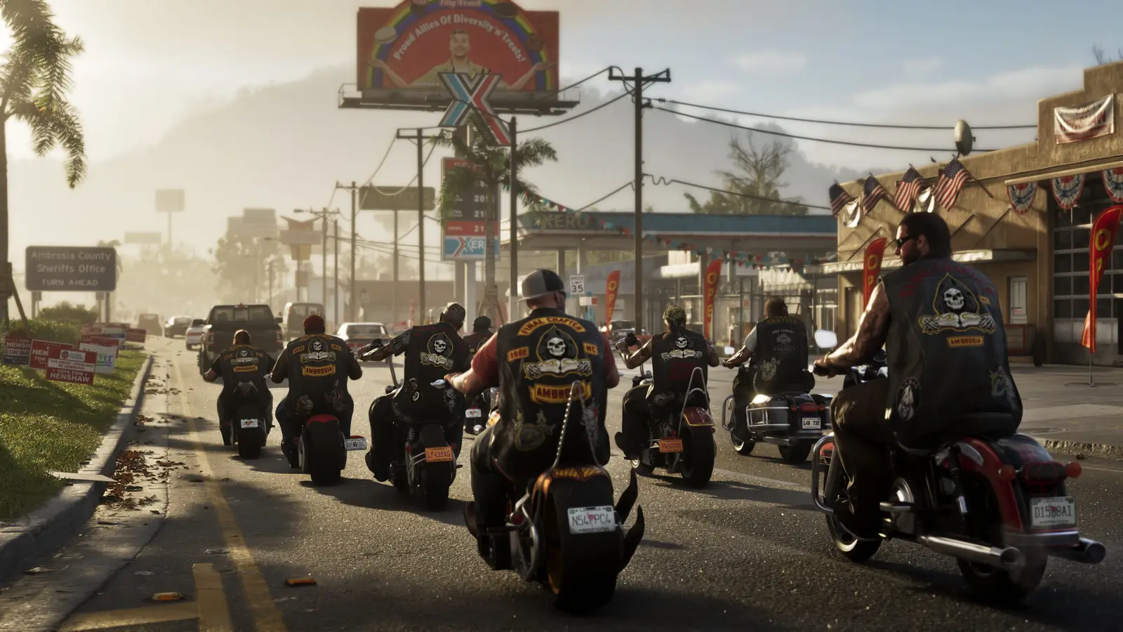 A column of bikers in the town of Ambrosia in an official GTA 6 screenshot