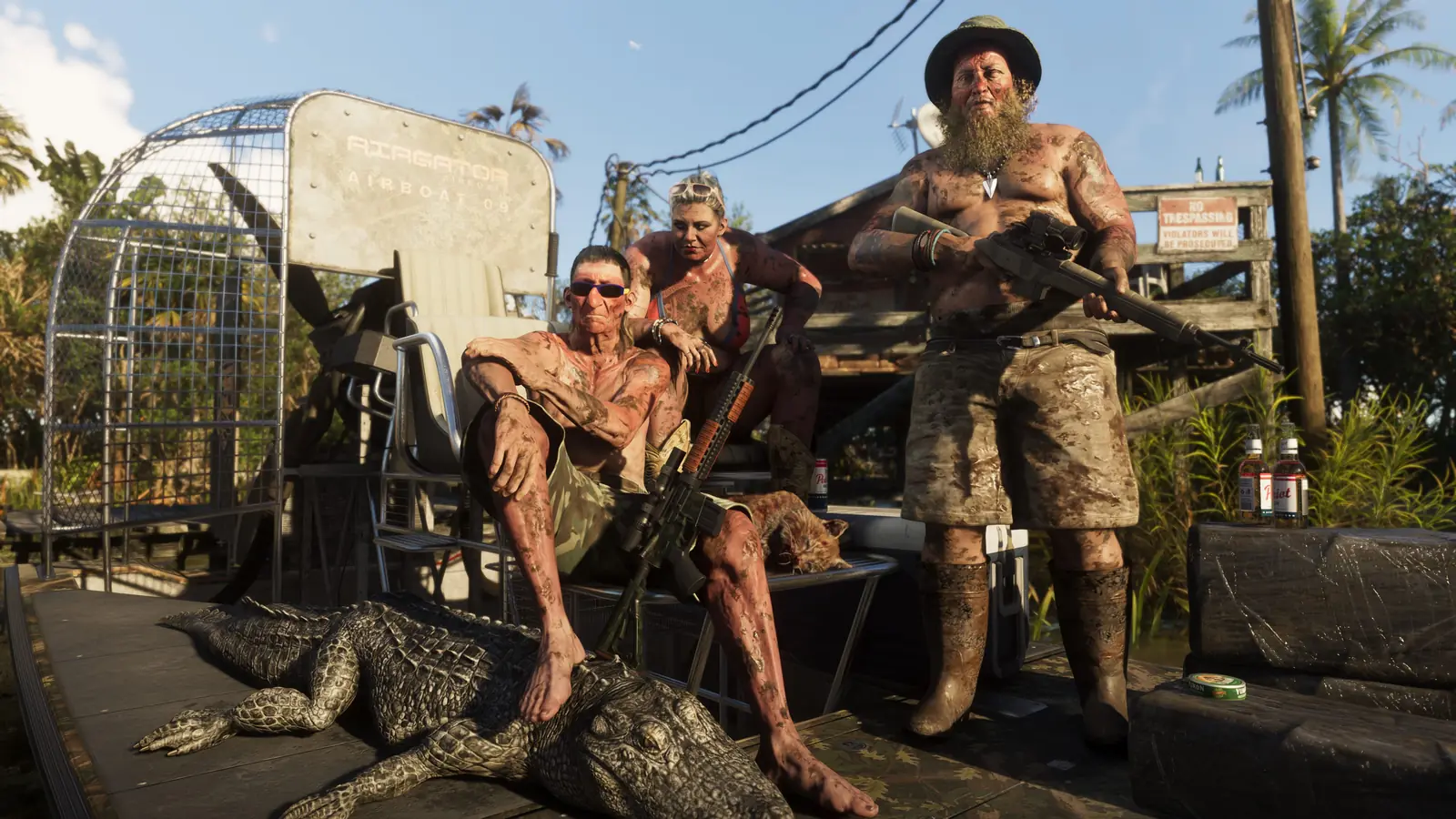 Three men and an alligator in the Grassrivers wetlands in GTA 6