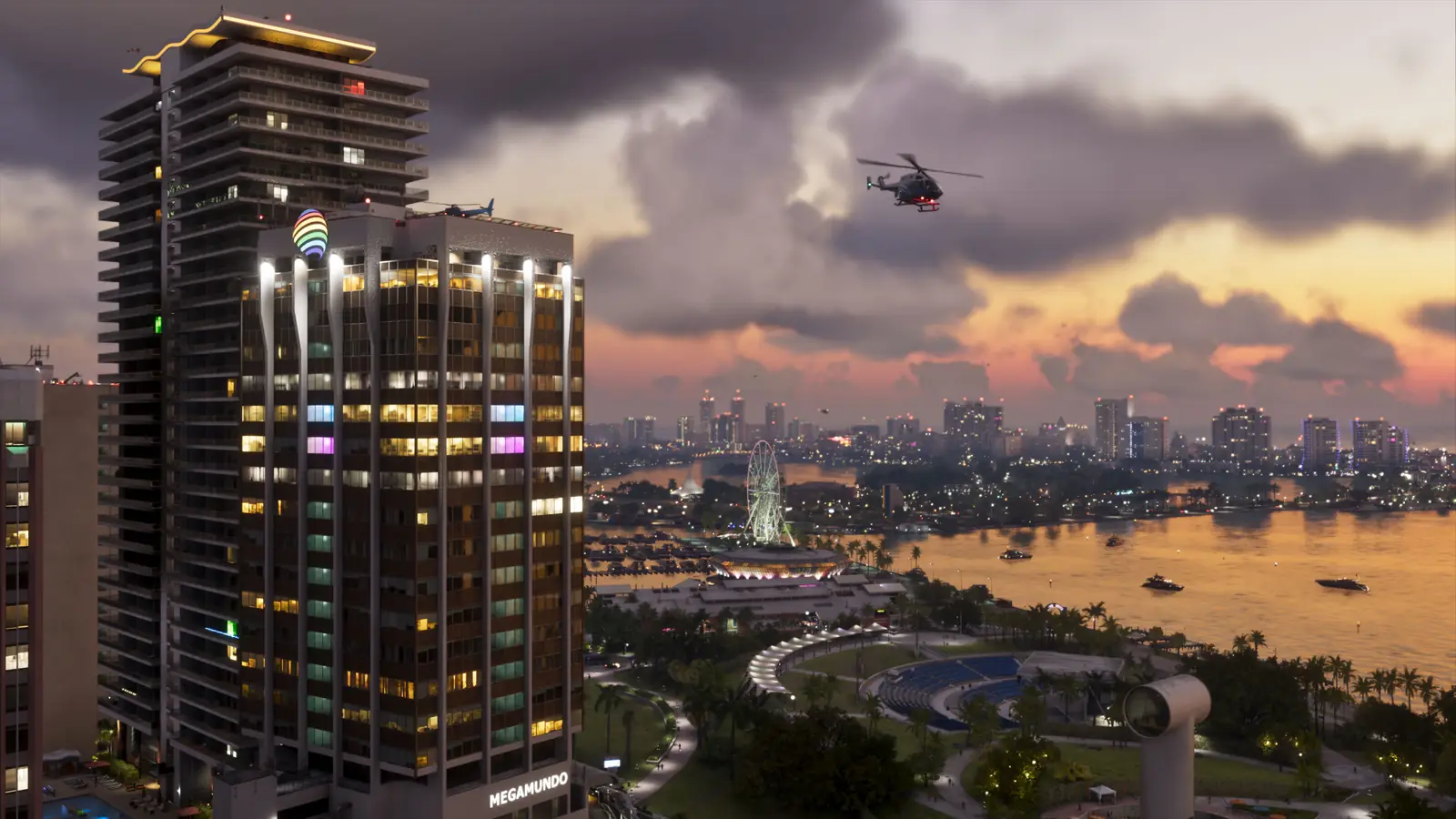 Vice City skyline at dusk with a helicopter in an official GTA 6 screenshot