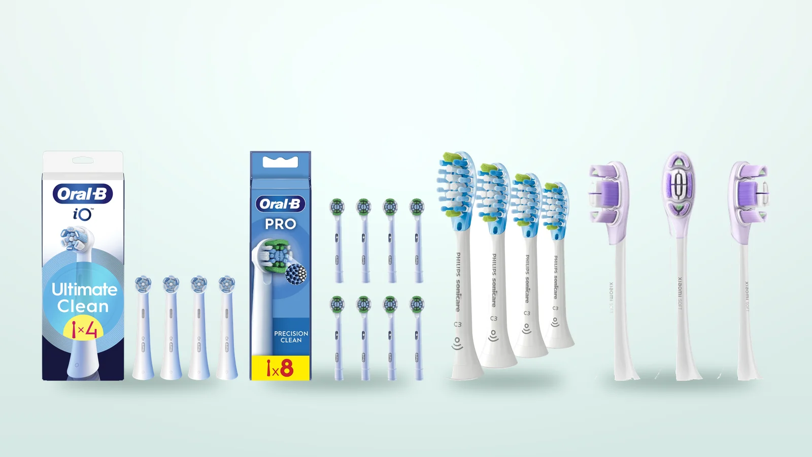 Hambaharja otsikud: Oral-B iO Ultimate Clean, Oral-B Precision Clean, Philips Sonicare C3 ja Xiaomi Oscillation