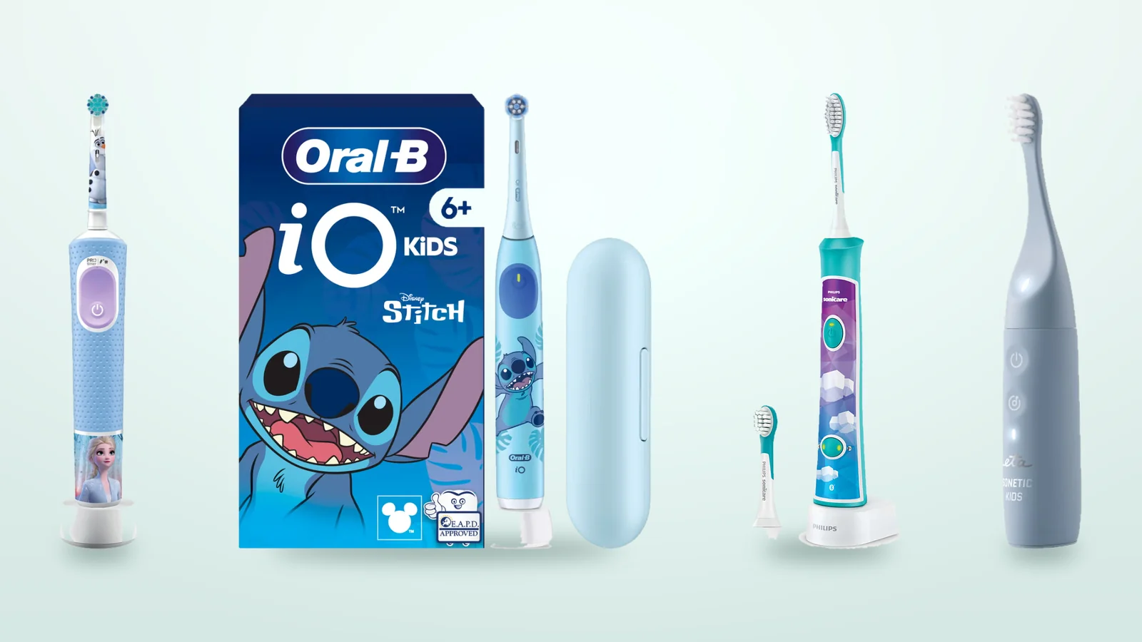 Neli laste elektrilist hambaharja: Oral-B Vitality Pro Kids Frozen, Oral-B iO Kids Stitch, Philips Sonicare For Kids ja ETA Sonetic Kids