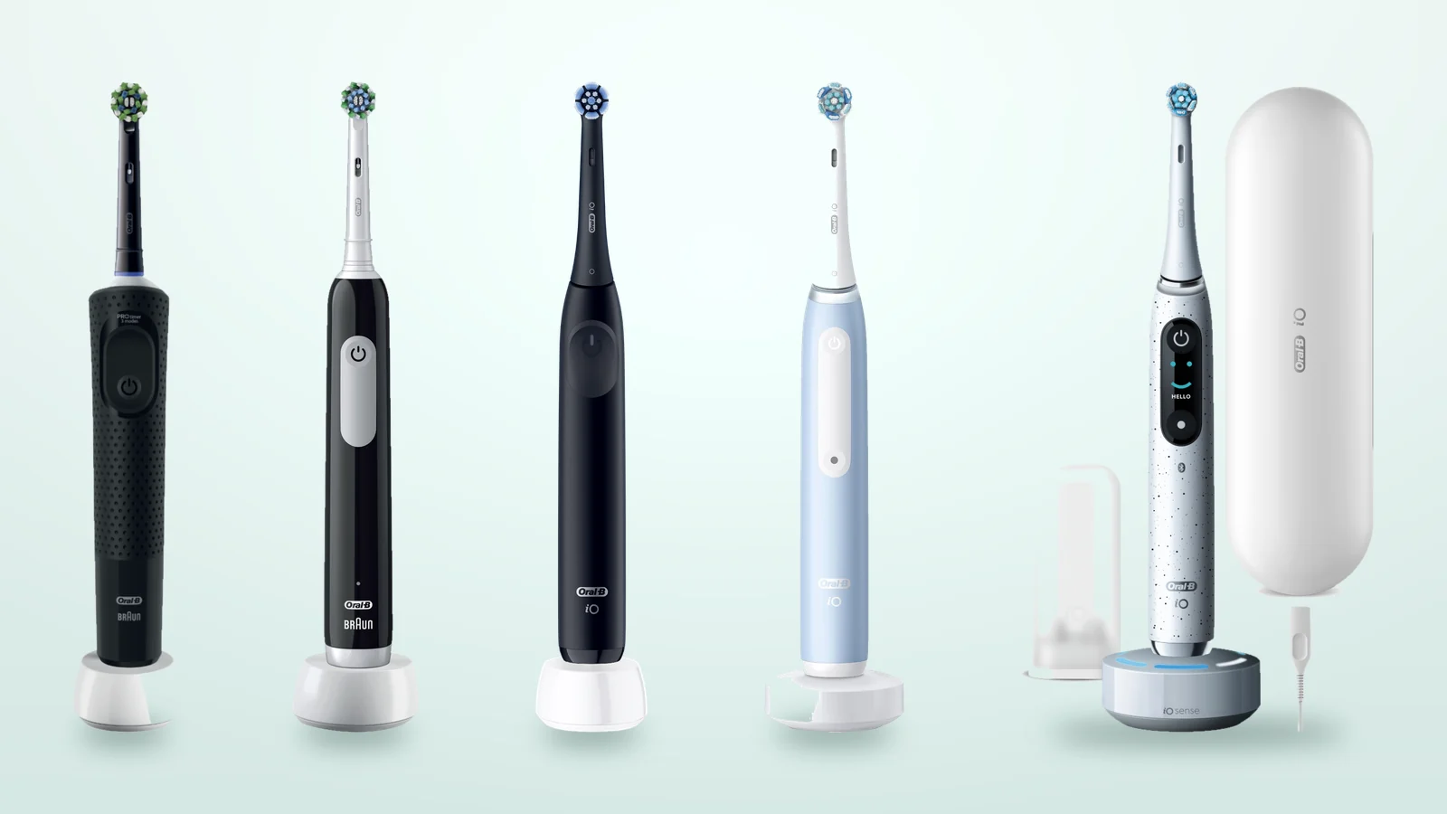 Viis Oral-B elektrilist hambaharja: Vitality Pro, Pro Series 1, iO2, iO3 ja iO10 koos laadija ja reisikarbiga