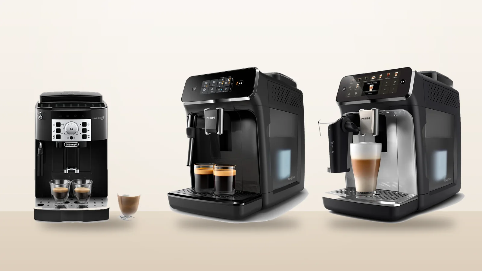 Three bean-to-cup coffee machines: De'Longhi Magnifica S, Philips Series 2200 and Philips Series 5500 LatteGo