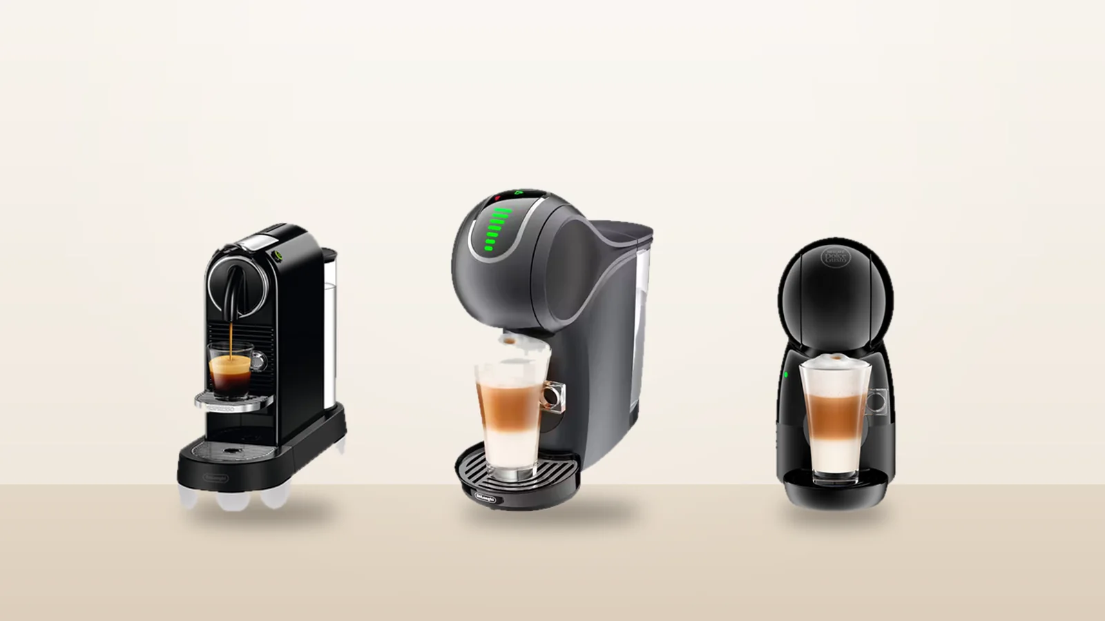 Three capsule coffee machines: Nespresso CitiZ, Dolce Gusto Genio S Touch and Dolce Gusto Piccolo XS