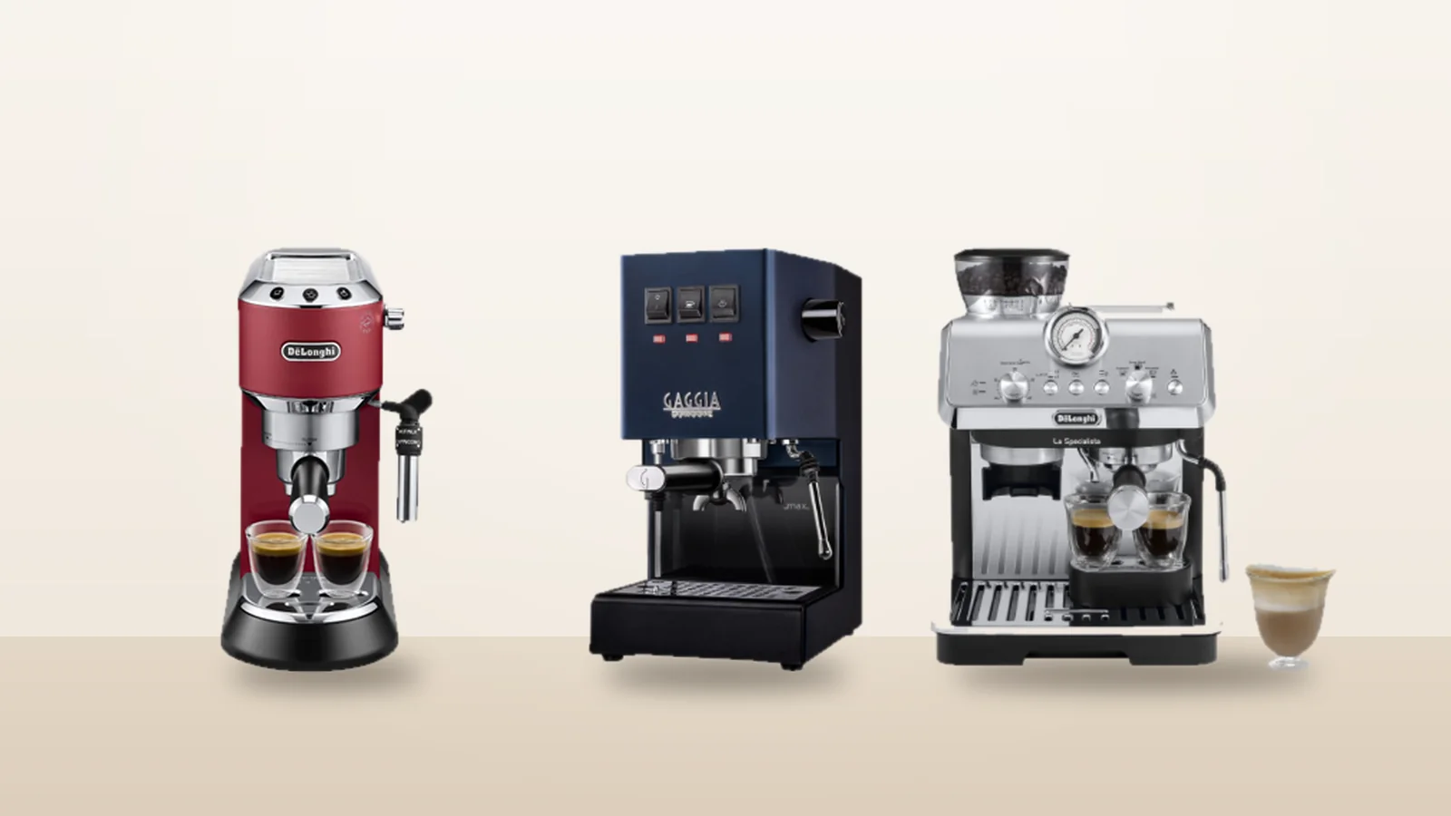Three espresso machines: De'Longhi Dedica, Gaggia Classic E24 and De'Longhi La Specialista Arte