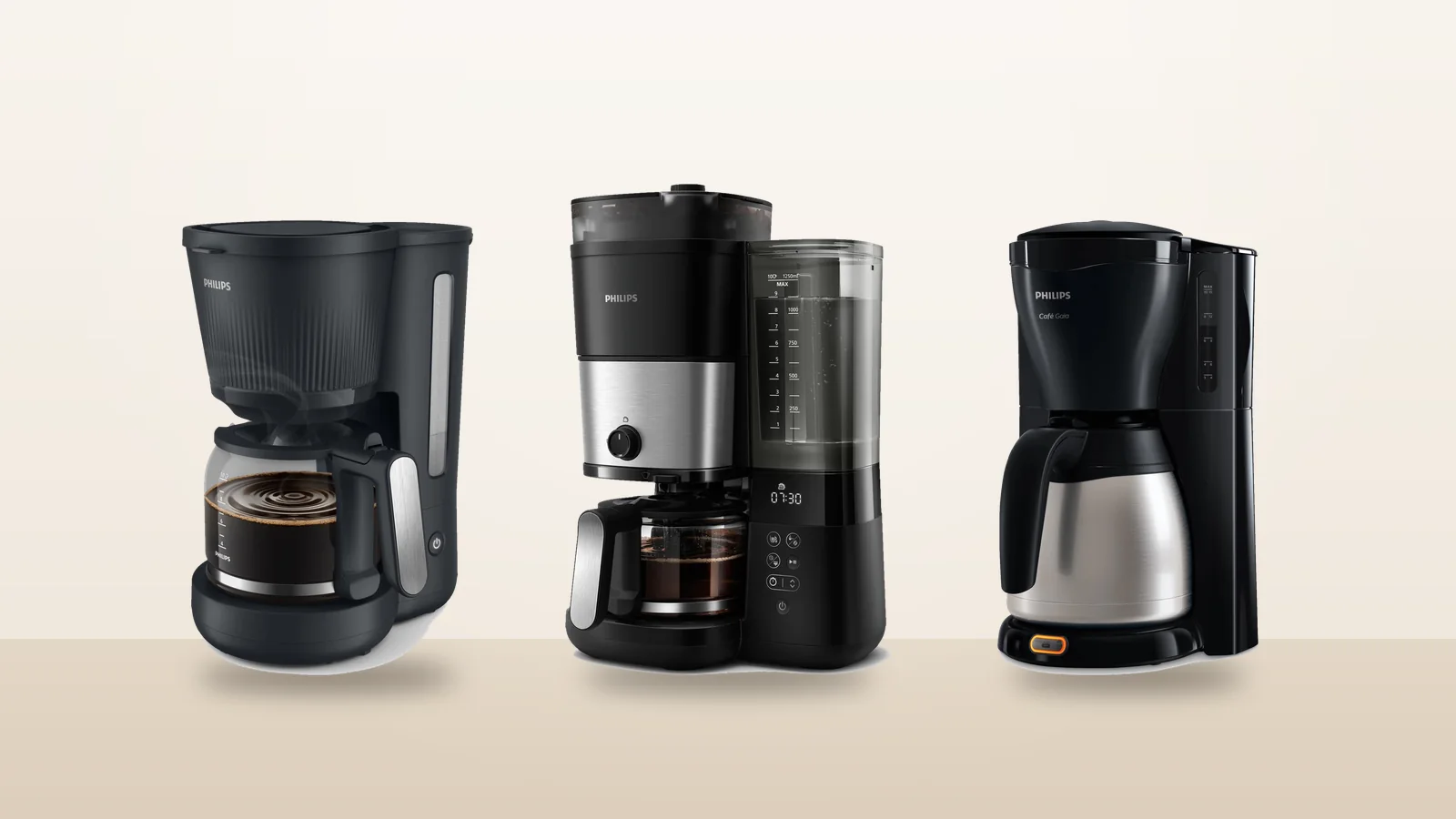 Three Philips filter coffee makers: with a glass jug, with a built-in grinder and with a thermal jug