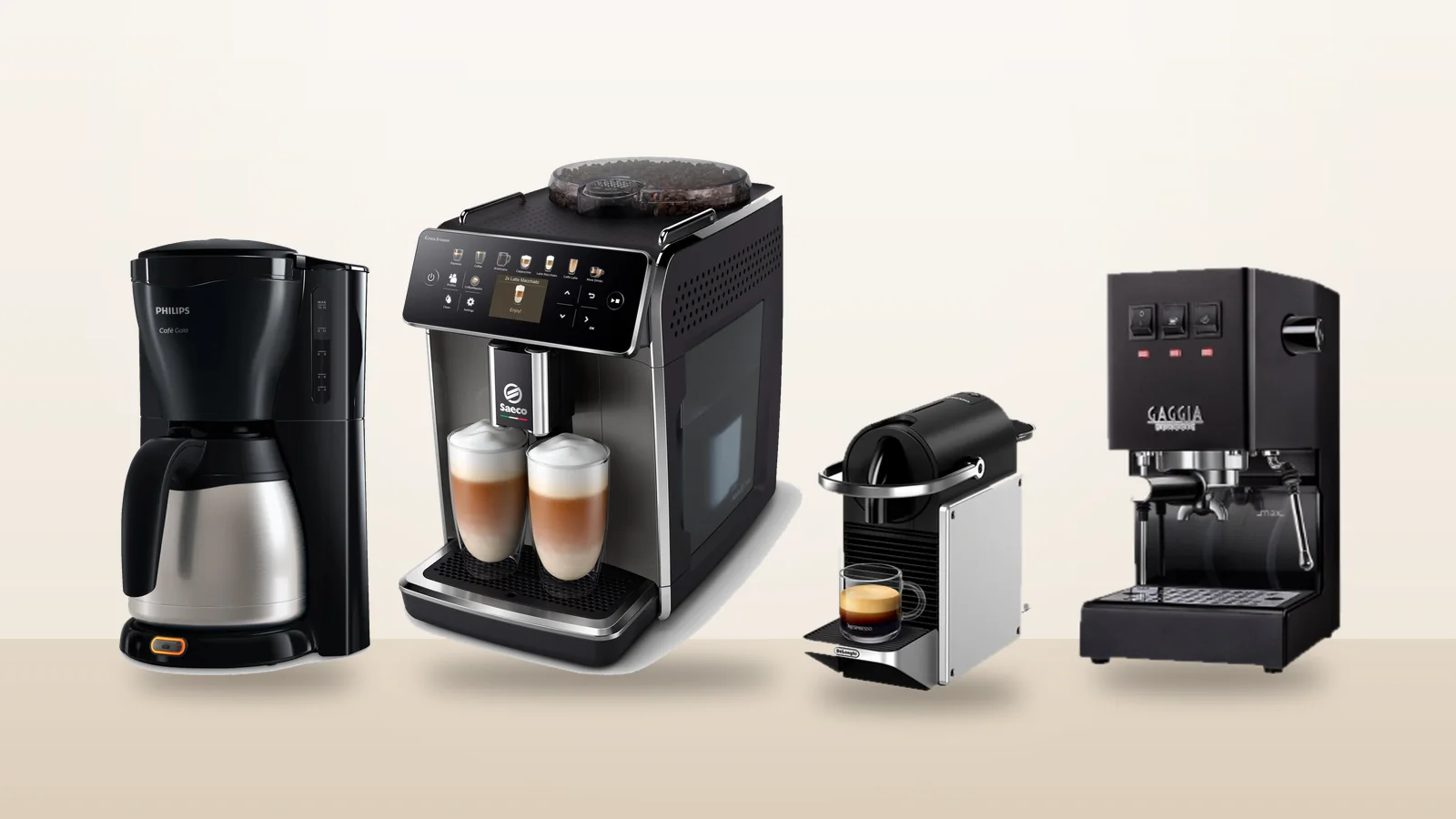 Four coffee machines: a Philips filter coffee maker, a Saeco bean-to-cup, a Nespresso capsule machine and a Gaggia espresso machine